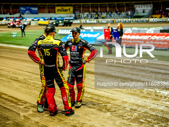 Jakub Krawczyk and Marcel Kowolik participate in a PGE Speedway Ekstraliga game between Sparta Wroclaw and Stal Gorzow Wielkopolski in Wrocl...