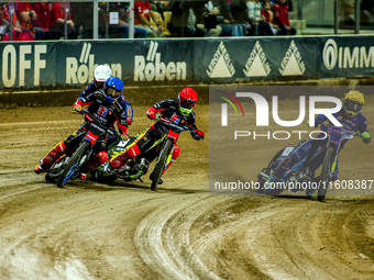 Bartlomiej Kowalski, Artem Laguta, and Martin Vaculik participate in a PGE Speedway Ekstraliga game between Sparta Wroclaw and Stal Gorzow W...