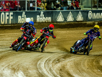 Bartlomiej Kowalski, Artem Laguta, and Martin Vaculik participate in a PGE Speedway Ekstraliga game between Sparta Wroclaw and Stal Gorzow W...