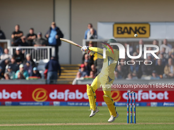 Alex Carey of Australia swings and misses at a short-pitched ball during the Metro Bank One Day Series match between England and Australia a...