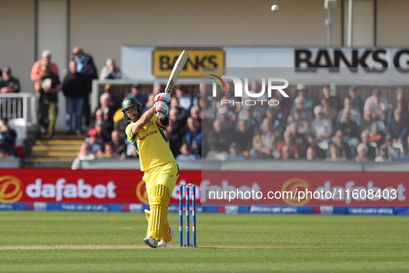 Australia's Glenn Maxwell hits out during the Metro Bank One Day Series match between England and Australia at the Seat Unique Riverside in...