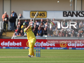 Australia's Glenn Maxwell hits out during the Metro Bank One Day Series match between England and Australia at the Seat Unique Riverside in...