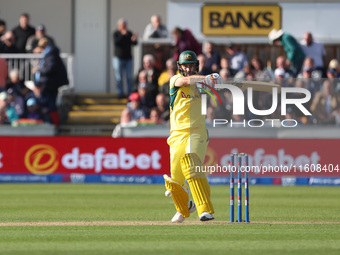 Australia's Glenn Maxwell miscues a pull shot during the Metro Bank One Day Series match between England and Australia at the Seat Unique Ri...