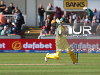 Australia's Glenn Maxwell miscues a pull shot during the Metro Bank One Day Series match between England and Australia at the Seat Unique Ri...