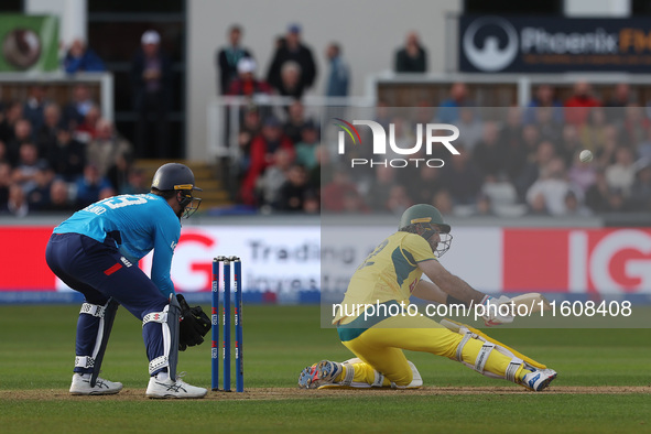 Australia's Glenn Maxwell plays a switch hit during the Metro Bank One Day Series match between England and Australia at the Seat Unique Riv...