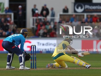 Australia's Glenn Maxwell plays a switch hit during the Metro Bank One Day Series match between England and Australia at the Seat Unique Riv...