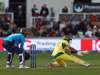 Australia's Glenn Maxwell plays a switch hit during the Metro Bank One Day Series match between England and Australia at the Seat Unique Riv...