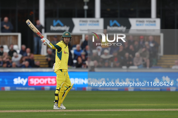 Australia's Alex Carey celebrates after making fifty during the Metro Bank One Day Series match between England and Australia at the Seat Un...