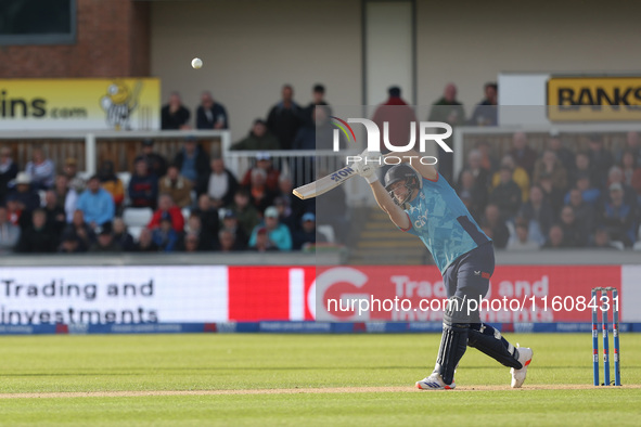 England's Will Jacks hits out during the Metro Bank One Day Series match between England and Australia at the Seat Unique Riverside in Chest...