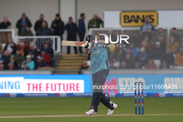 England's Harry Brook hits out during the Metro Bank One Day Series match between England and Australia at the Seat Unique Riverside in Ches...