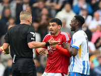 Referee Robert Jones speaks with Morgan Gibbs-White of Nottingham Forest during the Premier League match between Brighton and Hove Albion an...