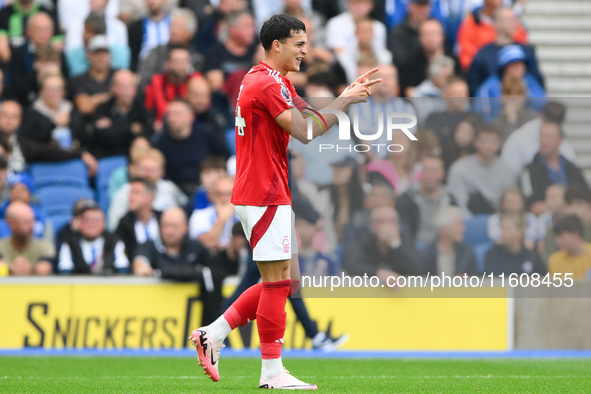 Ramon Sosa of Nottingham Forest celebrates after scoring a goal to make it 2-2 during the Premier League match between Brighton and Hove Alb...