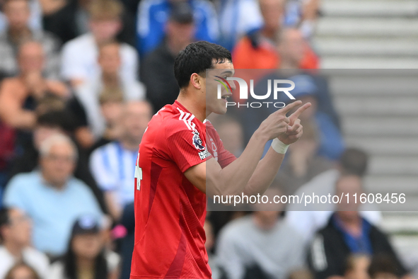 Ramon Sosa of Nottingham Forest celebrates after scoring a goal to make it 2-2 during the Premier League match between Brighton and Hove Alb...