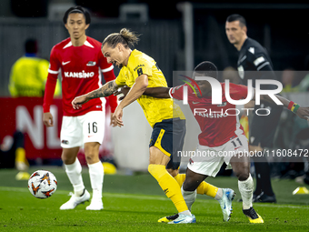 Elfsborg defender Niklas Hult and AZ Alkmaar forward Ibrahim Sadiq during the match between AZ and Elfsborg at the AZ Stadium for the UEFA E...