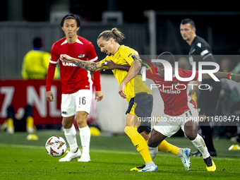 Elfsborg defender Niklas Hult and AZ Alkmaar forward Ibrahim Sadiq during the match between AZ and Elfsborg at the AZ Stadium for the UEFA E...