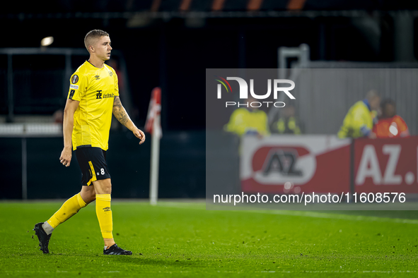 Elfsborg defender Sebastian Holmen receives a red card during the match between AZ and Elfsborg at the AZ Stadium for the UEFA Europa League...