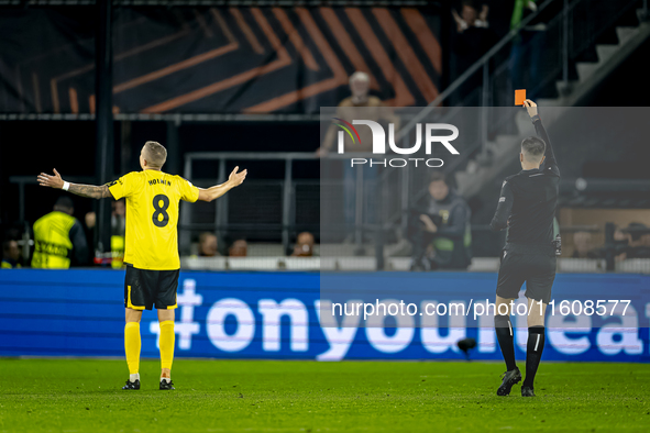 Elfsborg defender Sebastian Holmen receives a red card during the match between AZ and Elfsborg at the AZ Stadium for the UEFA Europa League...