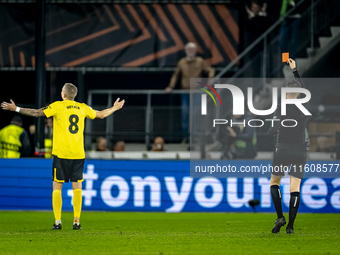 Elfsborg defender Sebastian Holmen receives a red card during the match between AZ and Elfsborg at the AZ Stadium for the UEFA Europa League...