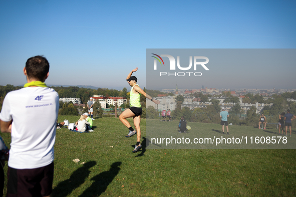 Competitors prepare for the race during the 17th PKO Three Mounds Run on the Krakus Mound in Krakow, Poland, on September 22, 2024. The Thre...