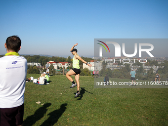 Competitors prepare for the race during the 17th PKO Three Mounds Run on the Krakus Mound in Krakow, Poland, on September 22, 2024. The Thre...