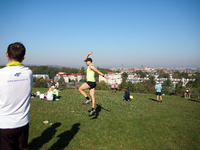 Competitors prepare for the race during the 17th PKO Three Mounds Run on the Krakus Mound in Krakow, Poland, on September 22, 2024. The Thre...