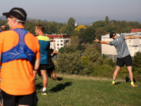 Competitors prepare for the race during the 17th PKO Three Mounds Run on the Krakus Mound in Krakow, Poland, on September 22, 2024. The Thre...