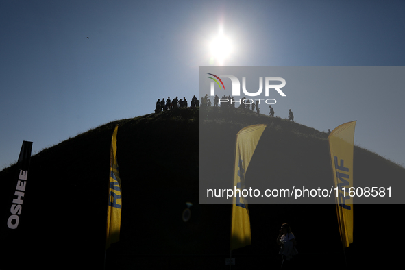 Competitors prepare for the race during the 17th PKO Three Mounds Run on the Krakus Mound in Krakow, Poland, on September 22, 2024. The Thre...