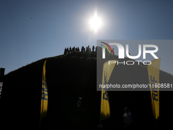 Competitors prepare for the race during the 17th PKO Three Mounds Run on the Krakus Mound in Krakow, Poland, on September 22, 2024. The Thre...