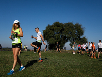 Competitors prepare for the race during the 17th PKO Three Mounds Run on the Krakus Mound in Krakow, Poland, on September 22, 2024. The Thre...