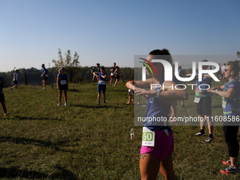 Competitors prepare for the race during the 17th PKO Three Mounds Run on the Krakus Mound in Krakow, Poland, on September 22, 2024. The Thre...