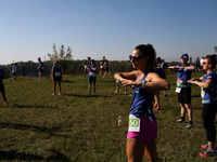 Competitors prepare for the race during the 17th PKO Three Mounds Run on the Krakus Mound in Krakow, Poland, on September 22, 2024. The Thre...