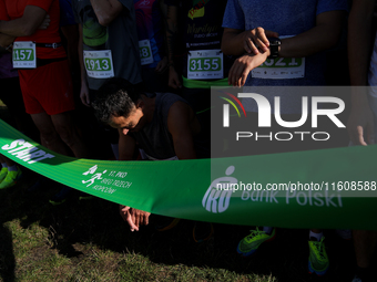 Competitors prepare for the race during the 17th PKO Three Mounds Run on the Krakus Mound in Krakow, Poland, on September 22, 2024. The Thre...