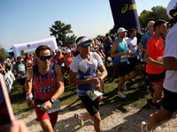 Competitors run during the 17th PKO Three Mounds Run on the Krakus Mound in Krakow, Poland, on September 22, 2024. The Three Mounds Run has...