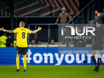 Elfsborg defender Sebastian Holmen receives a red card during the match AZ vs. Elfsborg at the AZ Stadium for the UEFA Europa League - Leagu...