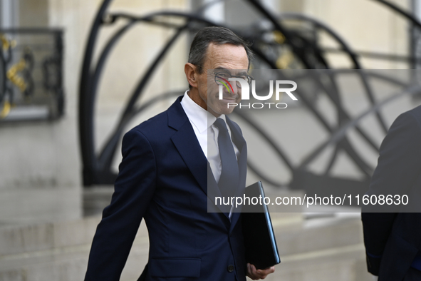 Bruno Retailleau, the newly appointed French Minister of the Interior, leaves the Elysee Palace after a meeting of the council of ministers...