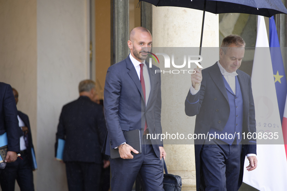 Benjamin Haddad, the newly appointed French Delegate Minister for Europe, leaves the Elysee Palace after the meeting of the council of minis...