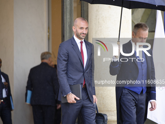 Benjamin Haddad, the newly appointed French Delegate Minister for Europe, leaves the Elysee Palace after the meeting of the council of minis...