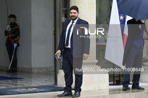 Guillaume Kasbarian, the newly appointed French Minister of Civil Service, Streamlining, and Public Sector Transformation, arrives at the El...