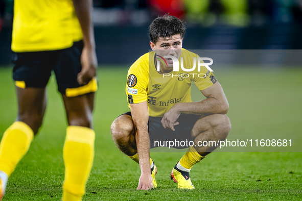 Elfsborg midfielder Besfort Zenelli appears dejected after the lost game during the match AZ - Elfsborg at the AZ Stadium for the UEFA Europ...