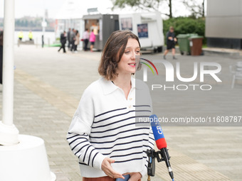 A GB News reporter speaks at the Labour Conference in Liverpool, United Kingdom, on September 25, 2024. (