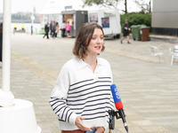 A GB News reporter speaks at the Labour Conference in Liverpool, United Kingdom, on September 25, 2024. (