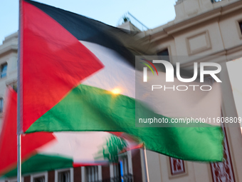 A demonstration in solidarity with Lebanon takes place in Plaza de Callao in Madrid, Spain, on September 25, 2024. (