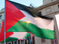 A demonstration in solidarity with Lebanon takes place in Plaza de Callao in Madrid, Spain, on September 25, 2024. (