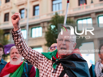 A demonstration in solidarity with Lebanon takes place in Plaza de Callao in Madrid, Spain, on September 25, 2024. (