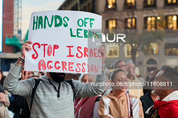 A demonstration in solidarity with Lebanon takes place in Plaza de Callao in Madrid, Spain, on September 25, 2024. 