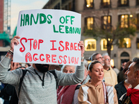 A demonstration in solidarity with Lebanon takes place in Plaza de Callao in Madrid, Spain, on September 25, 2024. (