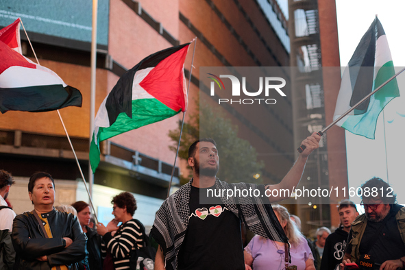 A demonstration in solidarity with Lebanon takes place in Plaza de Callao in Madrid, Spain, on September 25, 2024. 