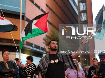 A demonstration in solidarity with Lebanon takes place in Plaza de Callao in Madrid, Spain, on September 25, 2024. (