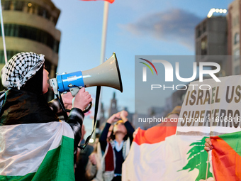 A demonstration in solidarity with Lebanon takes place in Plaza de Callao in Madrid, Spain, on September 25, 2024. (