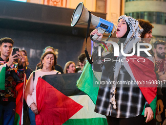 A demonstration in solidarity with Lebanon takes place in Plaza de Callao in Madrid, Spain, on September 25, 2024. (